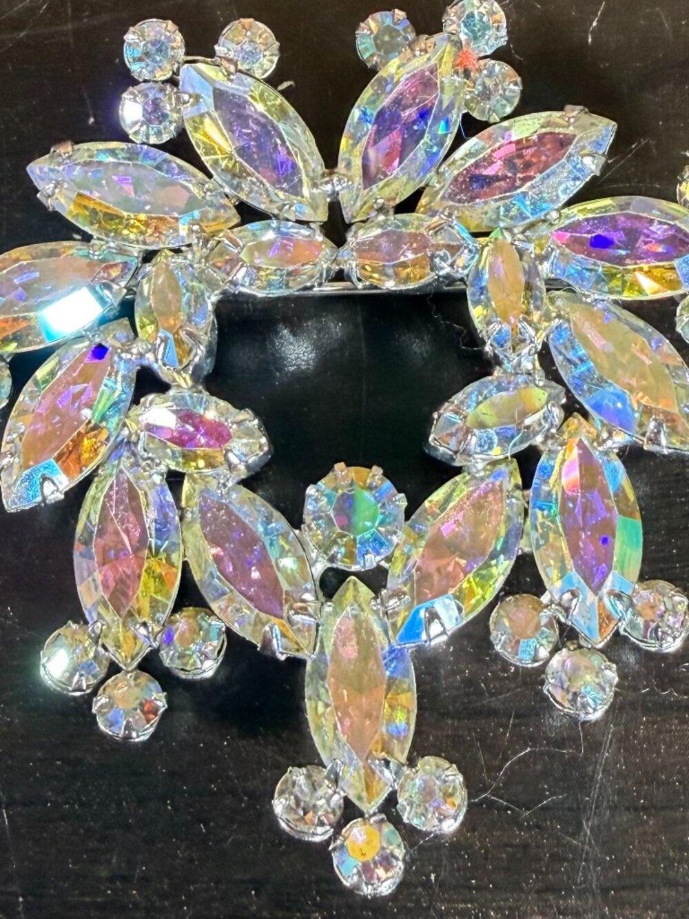 Vintage Mid Century Aurora Borealis Rhinestone Brooch Silver Tone Iridescent EUC